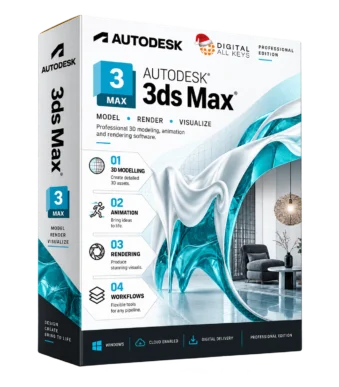 Autodesk 3ds Max Professional Edition software box for 3D modeling, animation and rendering on Windows
