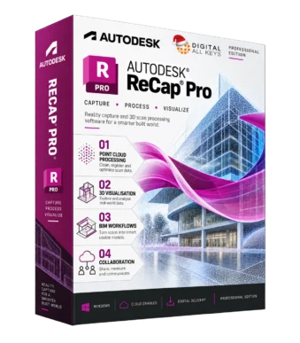 Autodesk ReCap Pro box — reality capture and 3D scan processing software with a point cloud building