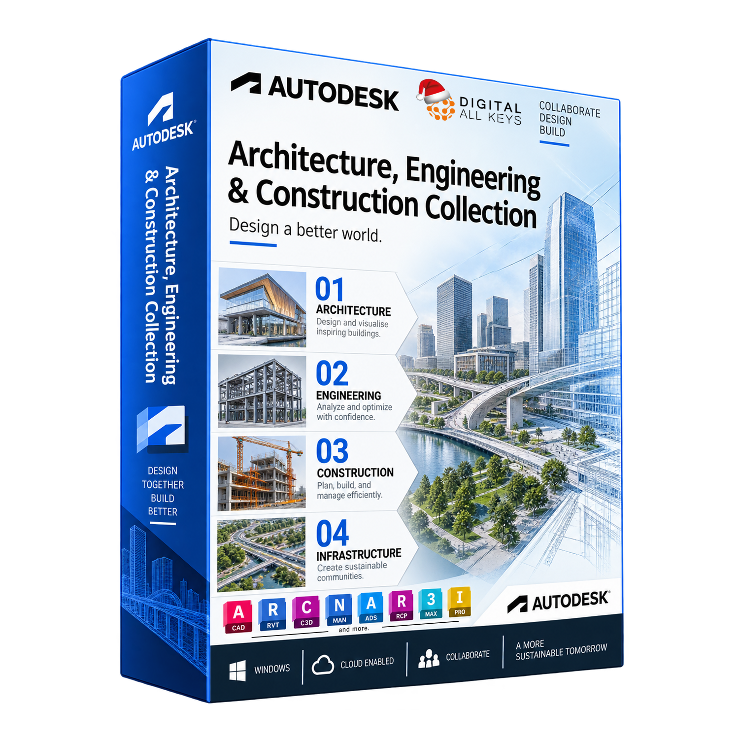 Autodesk AEC Collection | DigitalAllKeys Autodesk Architecture, Engineering & Construction Collection box with AutoCAD, Revit, Civil 3D and Navisworks