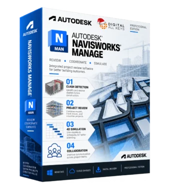 Autodesk Navisworks Manage box — project review software for clash detection and 4D simulation