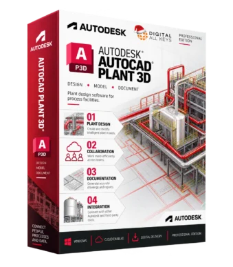 Autodesk AutoCAD Plant 3D box — plant design software showing a 3D piping and process facility model