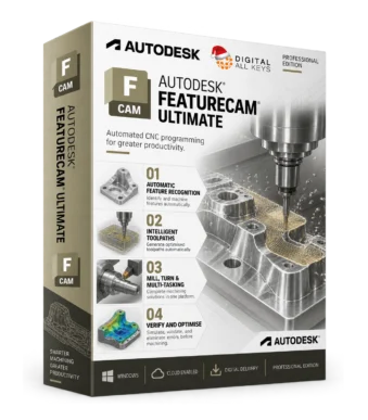 Autodesk FeatureCAM Ultimate box — automated CNC programming software with a milling toolpath