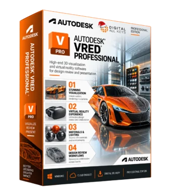 Autodesk VRED Professional box — 3D visualization and VR software showing a car design review