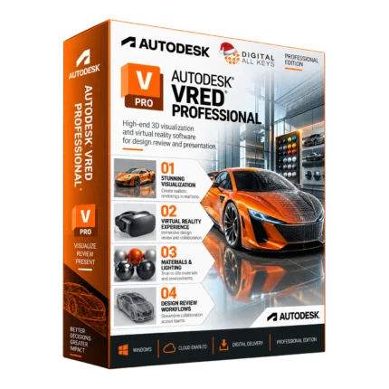 Autodesk VRED Professional box — 3D visualization and VR software showing a car design review
