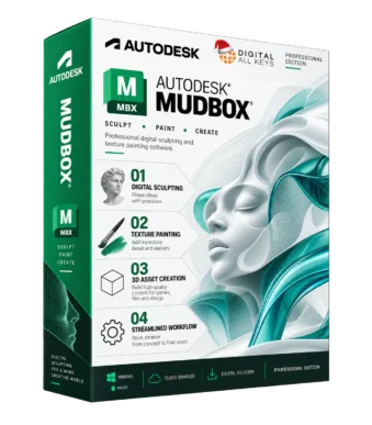 Autodesk Mudbox box — digital sculpting and texture painting software with a sculpted 3D face