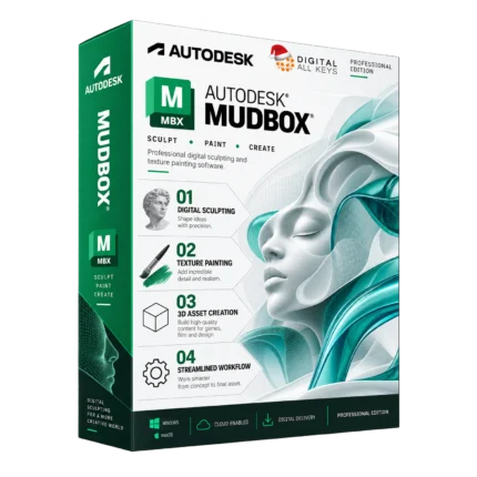 Autodesk Mudbox box — digital sculpting and texture painting software with a sculpted 3D face