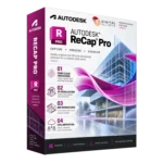 Autodesk ReCap Pro box — reality capture and 3D scan processing software with a point cloud building
