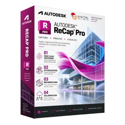 Autodesk ReCap Pro box — reality capture and 3D scan processing software with a point cloud building