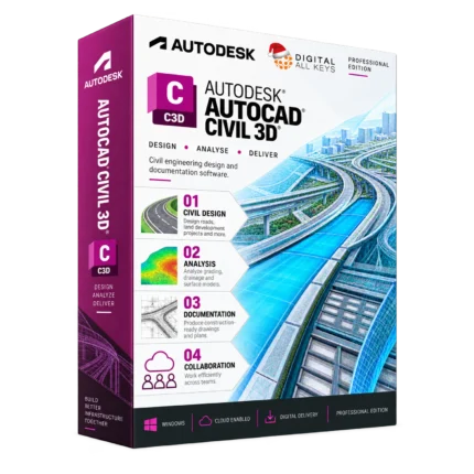 Autodesk AutoCAD Civil 3D box — civil engineering design software showing a highway interchange model