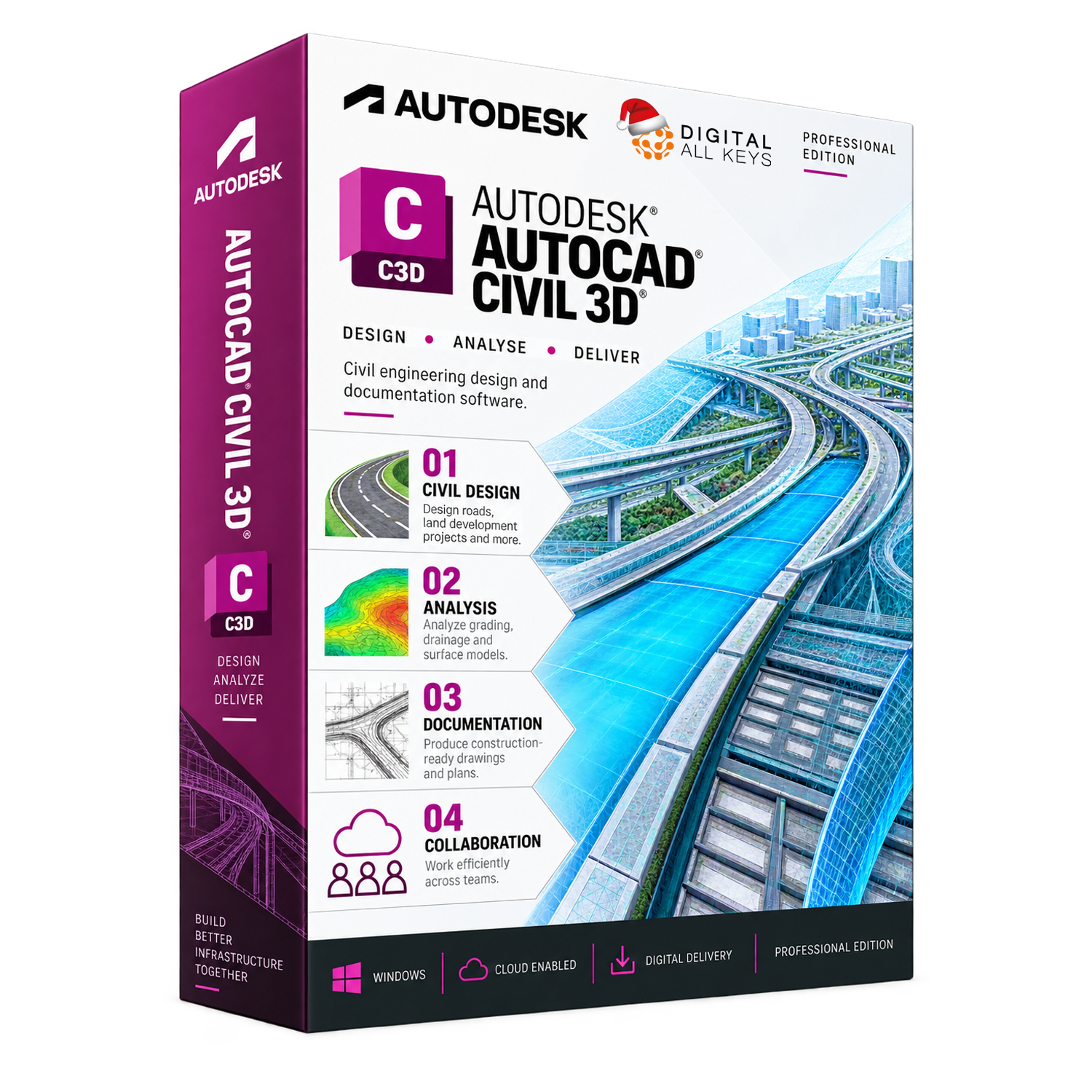 Autodesk AutoCAD Civil 3D | DigitalAllKeys Autodesk AutoCAD Civil 3D box — civil engineering design software showing a highway interchange model