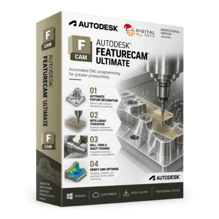 Autodesk FeatureCAM Ultimate box — automated CNC programming software with a milling toolpath