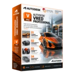 Autodesk VRED Professional box — 3D visualization and VR software showing a car design review